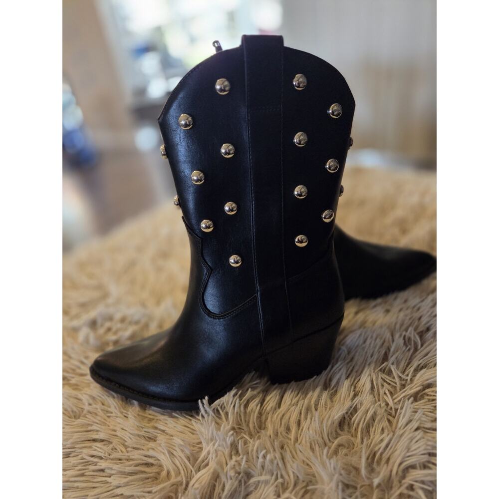 New Woman's Time and Tru Black Faux Leather Studded Cowgirl Boots Memory Foam 8